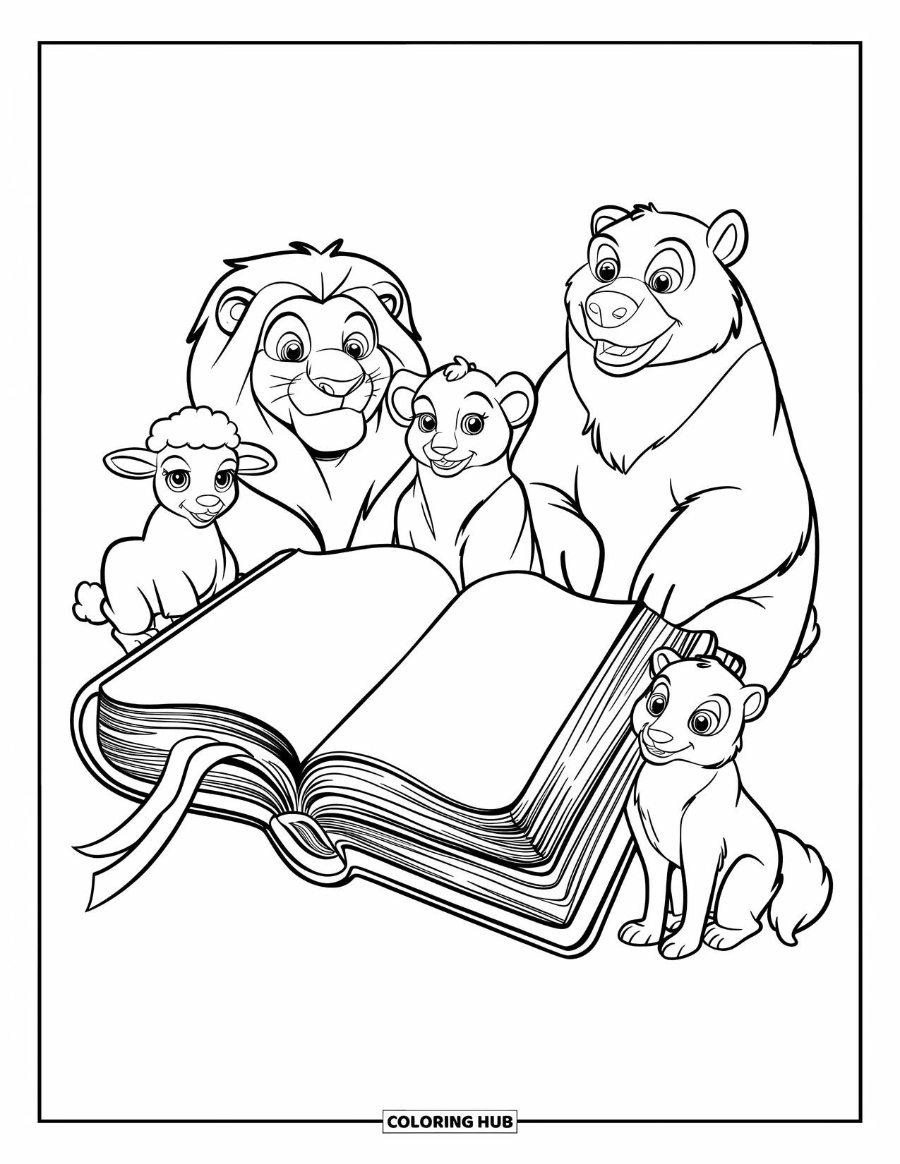 Christian Coloring Page for Kids: A big open Bible sits surrounded by a lion, lamb, bear, and wolf under a clear sky