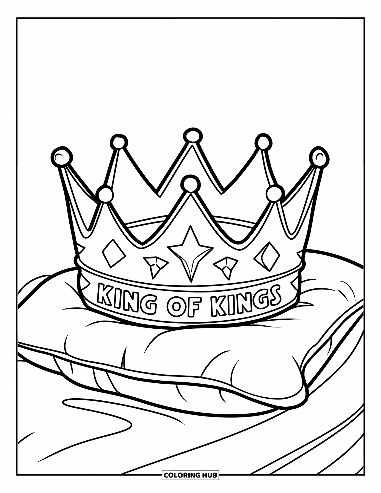 Christian Coloring Page for Kids: A bold crown labeled "King of Kings" sits on a pillow with a clean, white background