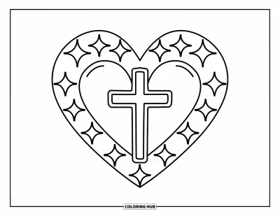 Christian Coloring Page for Kids: A bold heart with a cross in the center shines among twinkling stars