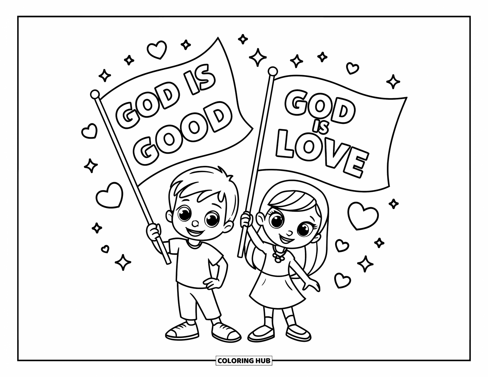 Christian Coloring Page for Kids: A boy and girl wave flags that say "God is Good" and "God is Love" with sparkles