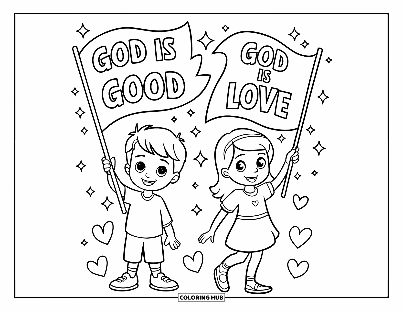 Christian Coloring Page for Kids: A boy and girl wave flags with "God is Good" and "God is Love" among sparkles