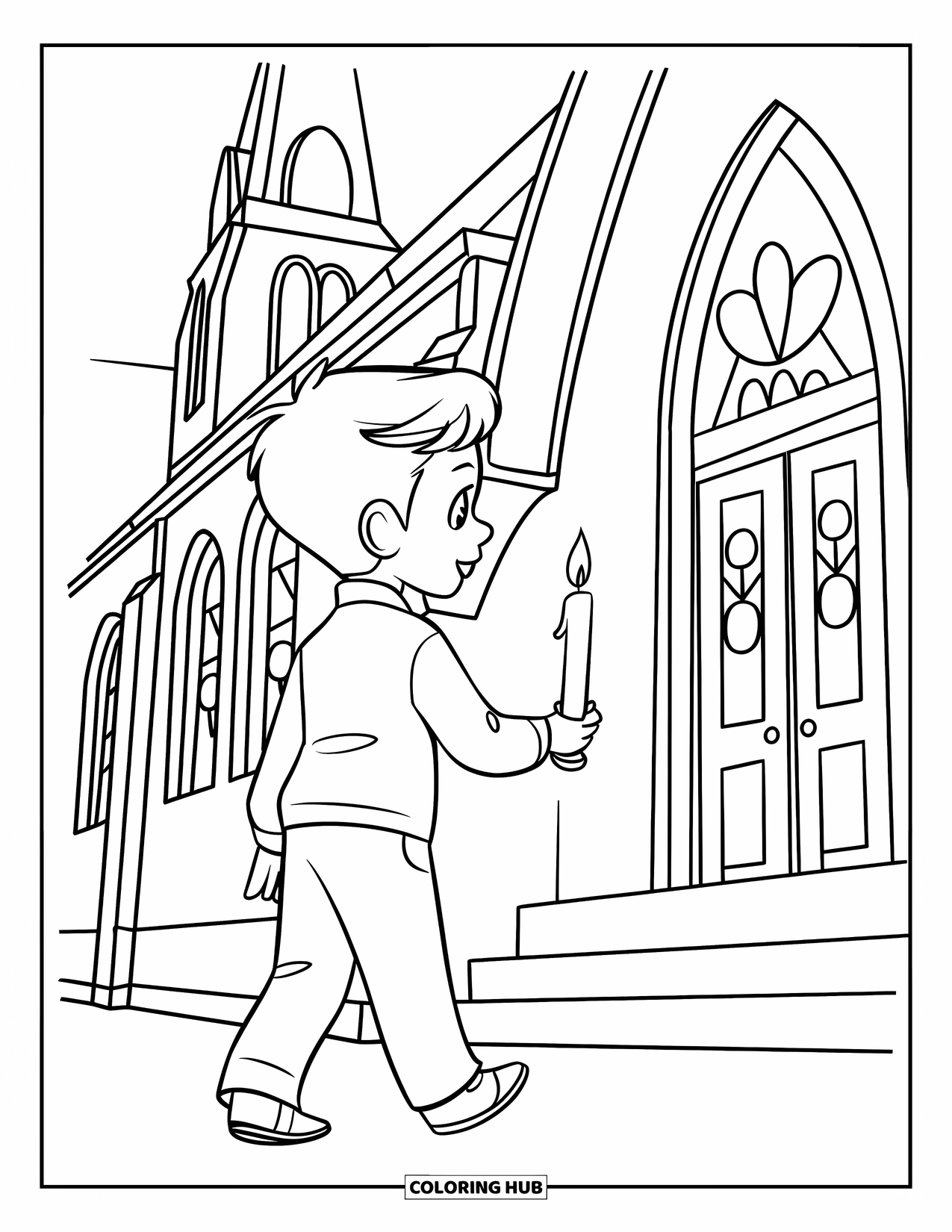 Christian Coloring Page for Kids: A boy in a blue shirt and khaki pants walks into a church holding a candle