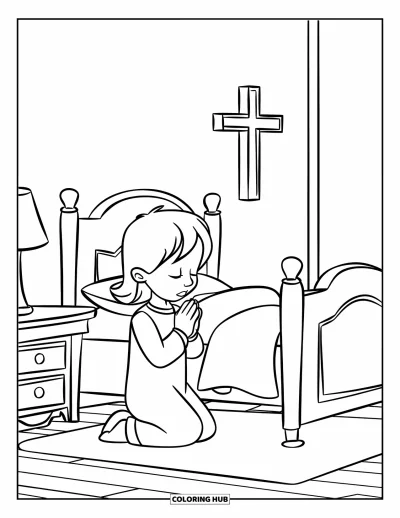 Christian Coloring Page for Kids: A child kneels in prayer beside their bed with a cross hanging gently on the wall