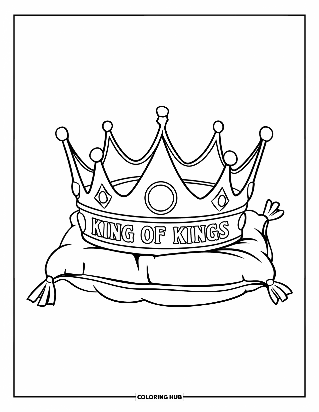 Christian Coloring Page for Kids: A crown labeled "King of Kings" rests proudly on a soft, fluffy pillow