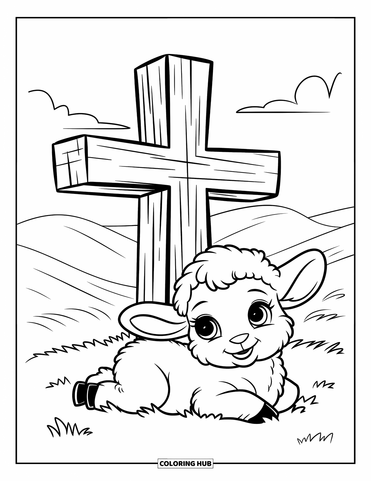 Christian Coloring Page for Kids: A fluffy baby lamb lies next to a tall wooden cross in a grassy field with rolling hills