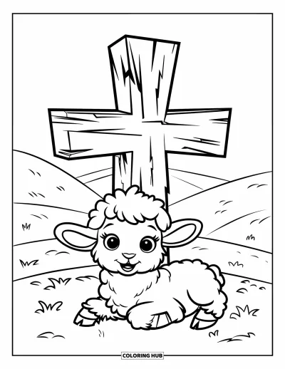 Christian Coloring Page for Kids: A fluffy lamb with black markings lies by a weathered wooden cross among hills and rocks