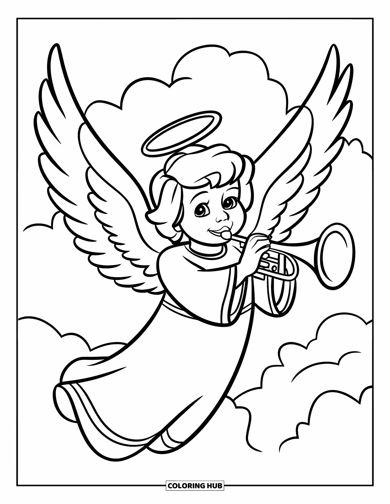 Christian Coloring Page for Kids: A happy angel with a trumpet floats above a fluffy cloud with a glowing halo