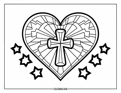 Christian Coloring Page for Kids: A large heart with a cross inside is surrounded by cheerful stars