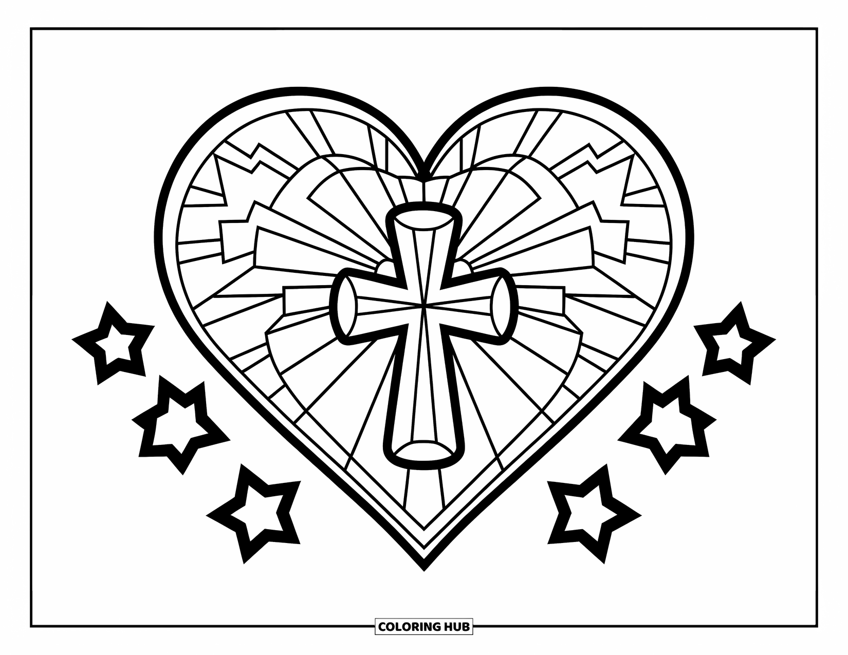 Christian Coloring Page for Kids: A large heart with a cross inside is surrounded by cheerful stars