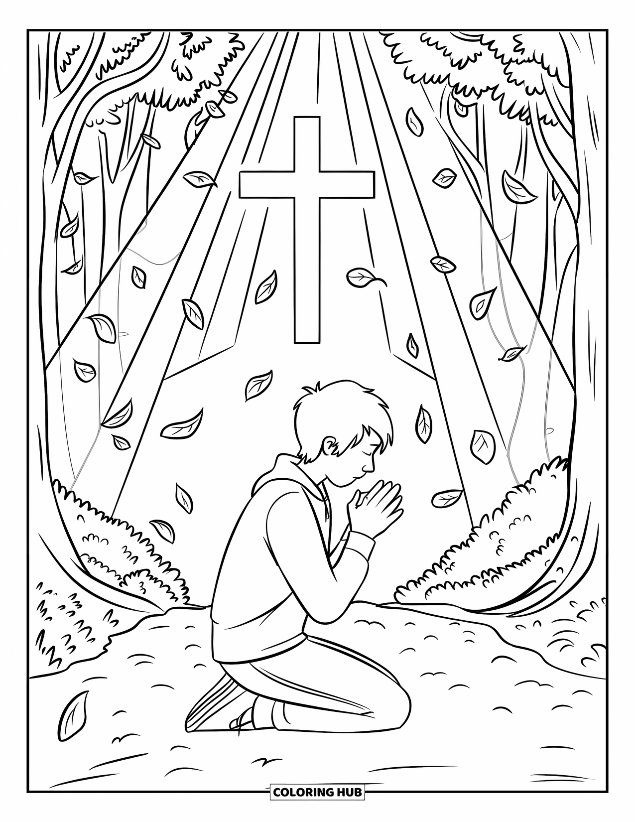 Christian Coloring Page for Kids: A praying teen kneels among falling leaves as light shines into a cross above them