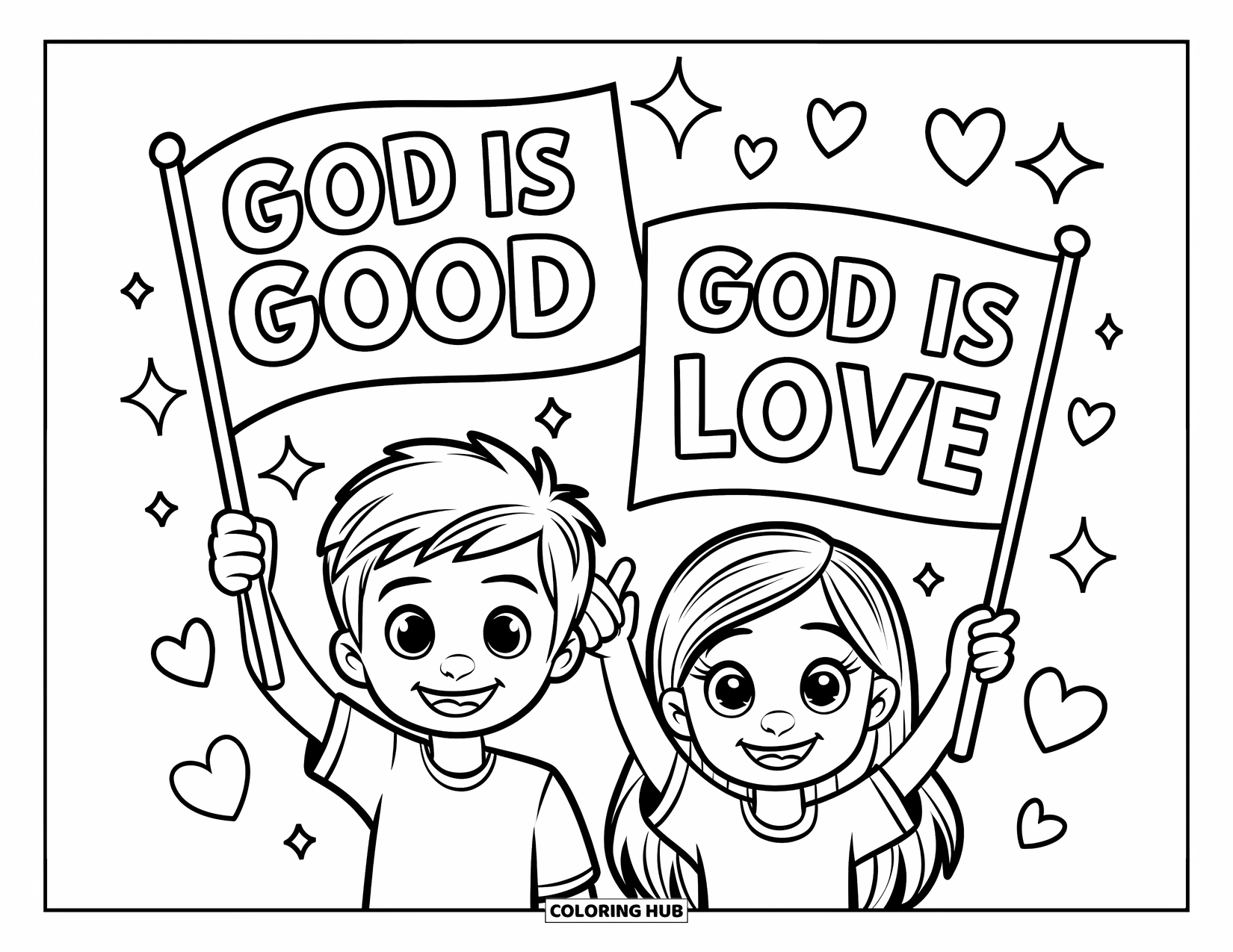 Christian Coloring Page for Kids: A smiling boy and girl wave flags reading "God is Good" and "God is Love" with sparkles
