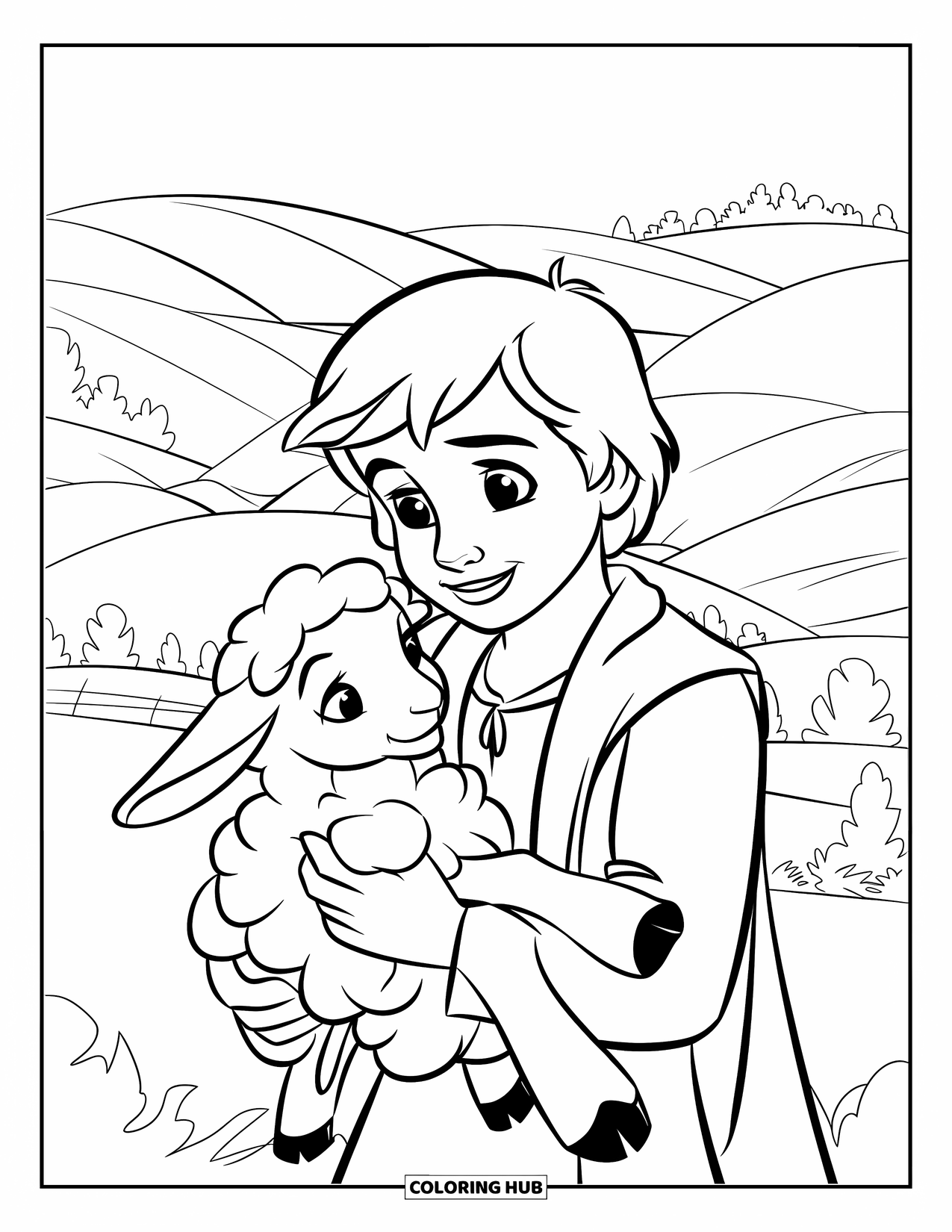 Christian Coloring Page for Kids: A smiling shepherd boy holds a lamb with soft hills and trees stretching behind him