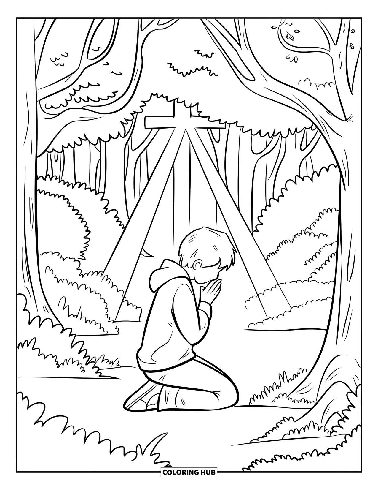 Christian Coloring Page for Kids: A teen prays in a dense forest where beams of light form a cross on the ground