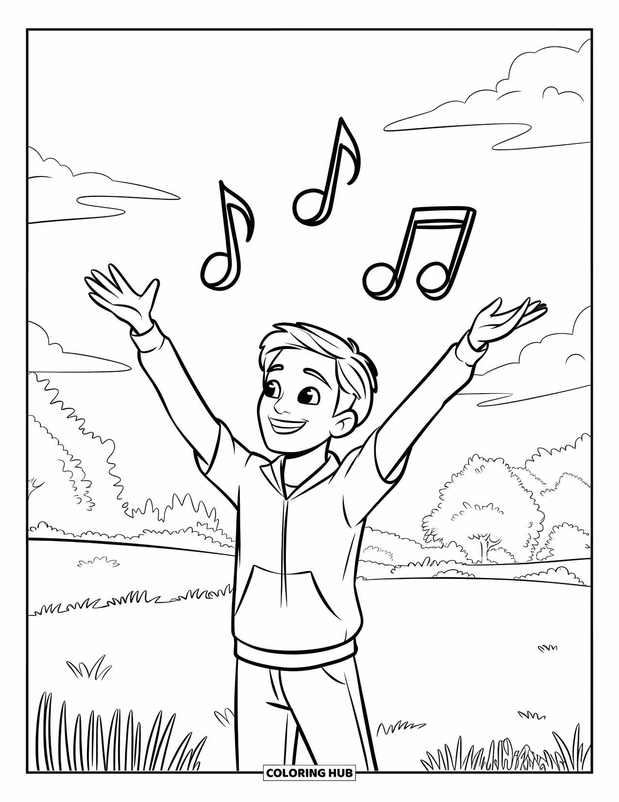 Christian Coloring Page for Kids: A teen stands with arms lifted high in an open field, with music notes above