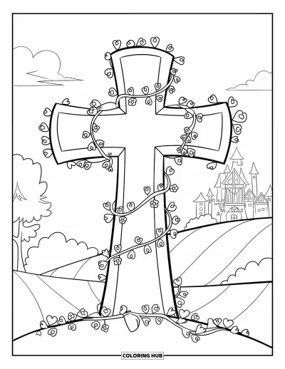 Christian Coloring Page for Kids: A vine-wrapped cross decorated with hearts and stars stands near a castle and trees