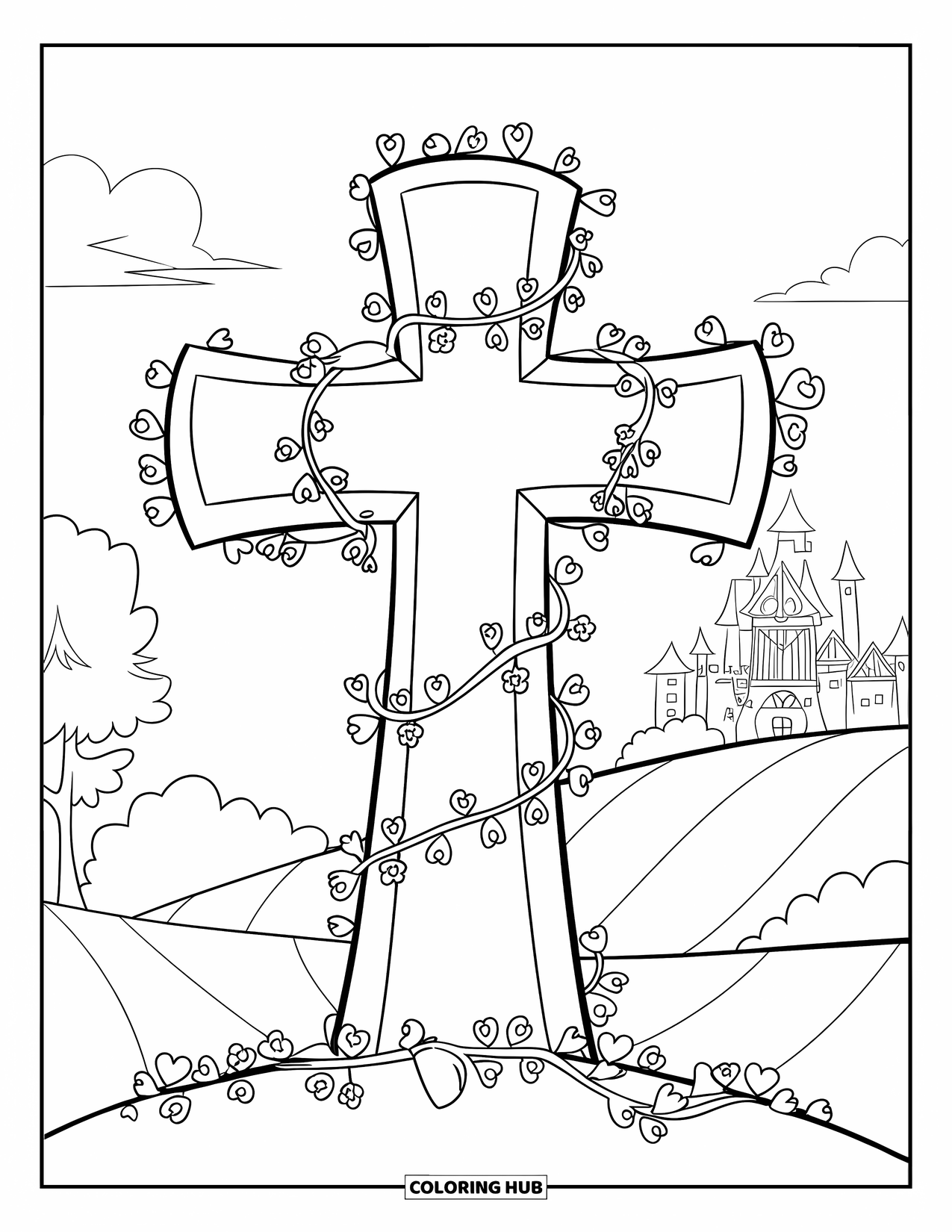 Christian Coloring Page for Kids: A vine-wrapped cross decorated with hearts and stars stands near a castle and trees