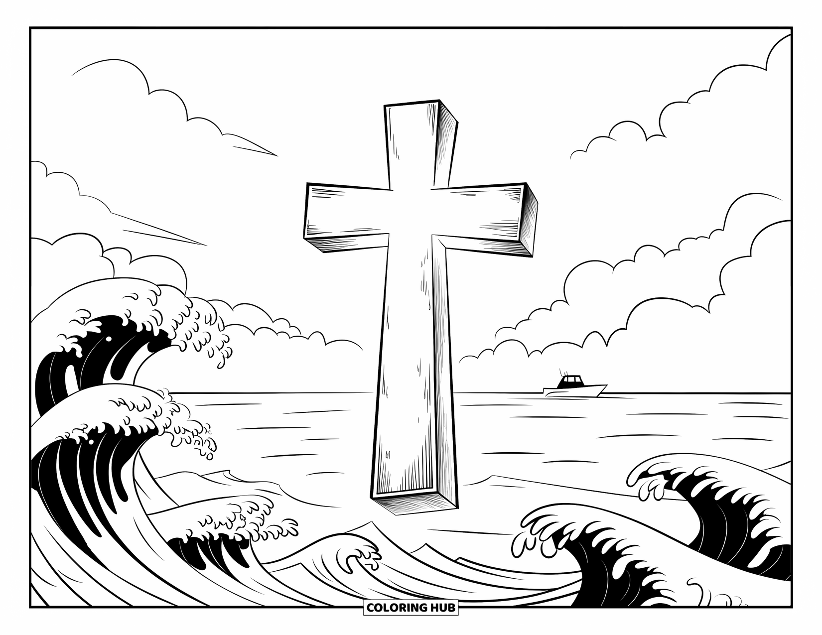 Christian Coloring Page for Kids: A weathered stone cross glows above rough waves with a small boat far in the distance