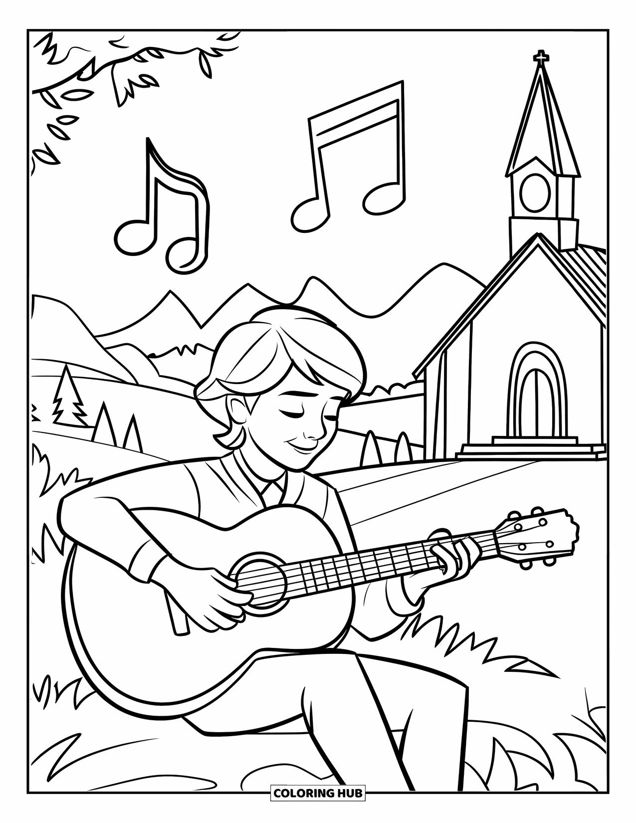 Christian Coloring Page for Kids: A young musician plays guitar near a church with musical notes floating in the sky