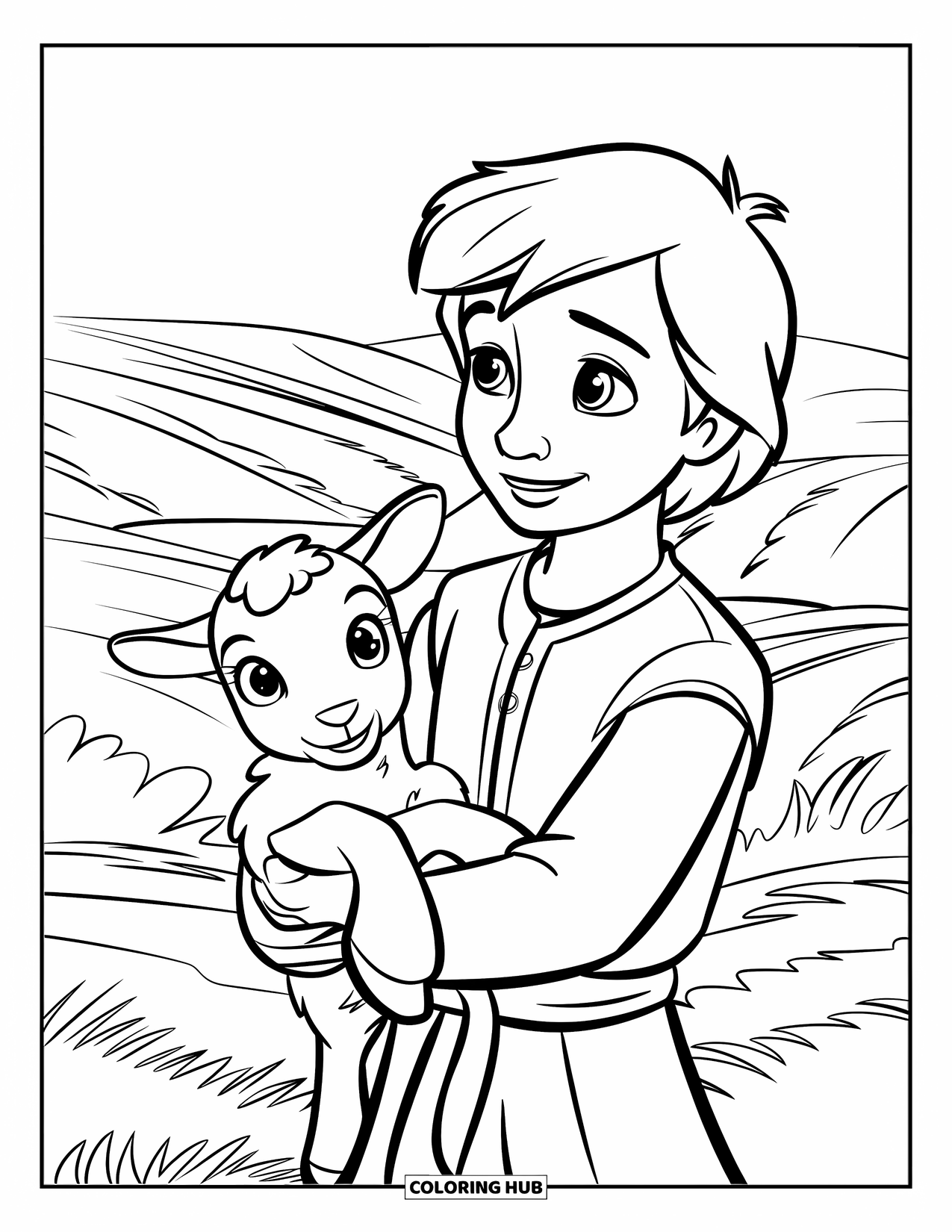 Christian Coloring Page for Kids: A young shepherd boy holds a lamb while standing on rolling hills under a calm sky