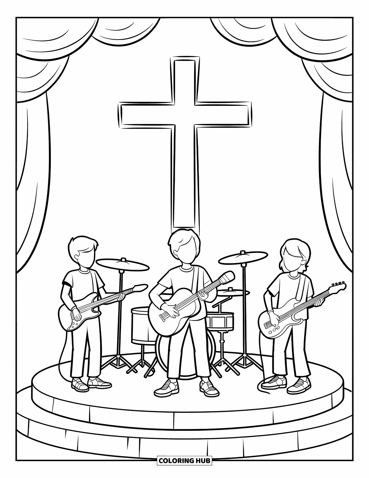 Christian Coloring Page for Kids: A youth band plays guitars, drums, and keyboard on a stage with a glowing cross and curtains