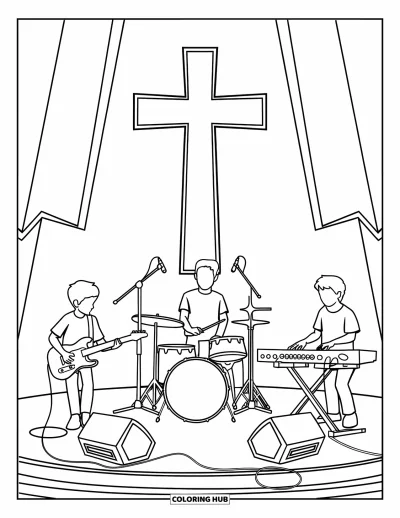 Christian Coloring Page for Kids: A youth worship band plays instruments onstage with a glowing cross behind them