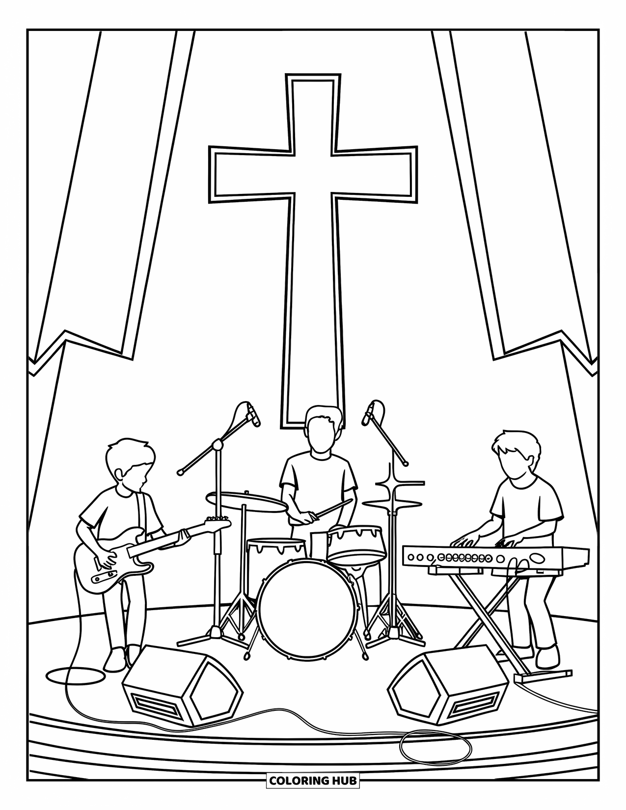 Christian Coloring Page for Kids: A youth worship band plays instruments onstage with a glowing cross behind them