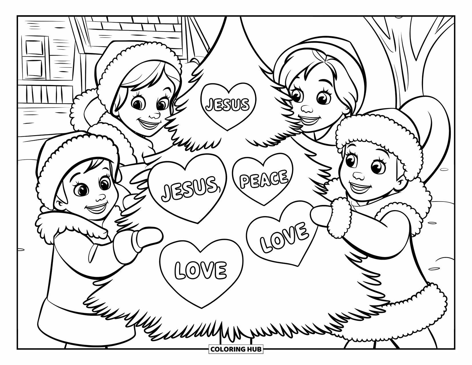 Christian Coloring Page for Kids: Children in warm clothes decorate a snowy tree with hearts that say "Jesus," "Peace," and "Love"