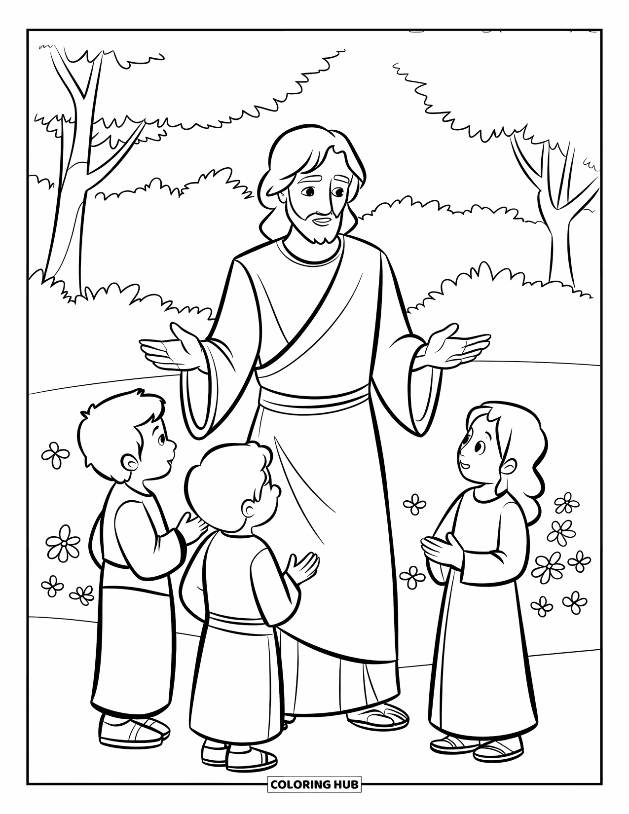 Christian Coloring Page for Kids: Jesus stands in a garden as three friendly children listen among trees and flowers