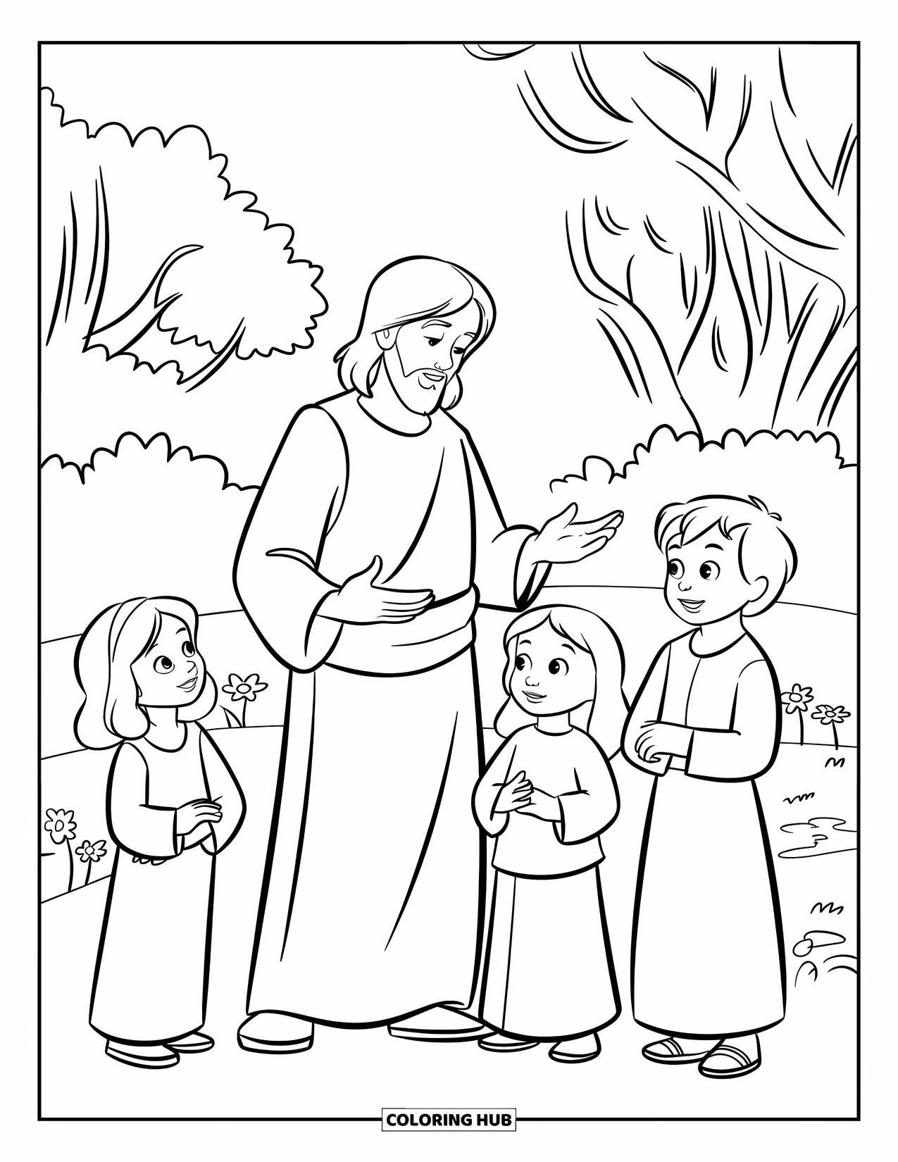 Christian Coloring Page for Kids: Jesus teaches three smiling children in a garden filled with flowers and trees