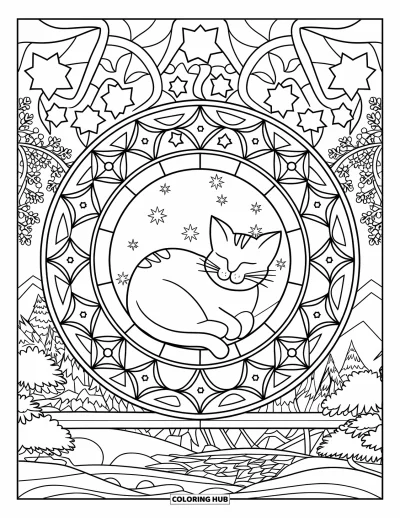 Weihnachts-Katzen-Ausmalbild für Erwachsene: Eine ruhige Katze ist in ein Fensterdesign mit Sternen und verschneiten Bäumen eingebettet