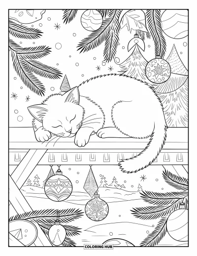 Weihnachts-Katzen-Ausmalbild für Erwachsene: Eine ruhige Katze auf Holz schläft umgeben von Tannenzweigen und festlichen Dekorationen