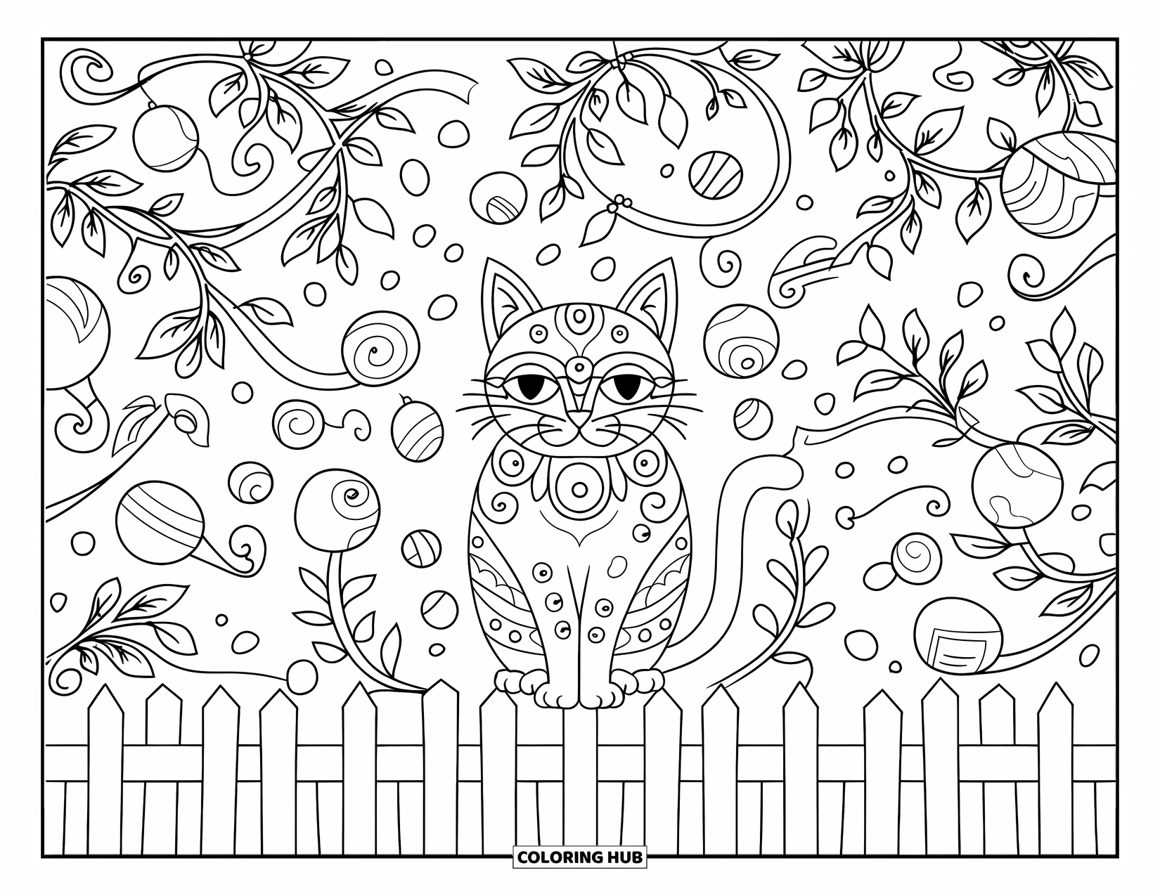Christmas Cat Coloring Page for Adults: A calm cat sits on a fence among holly leaves and Christmas ornaments