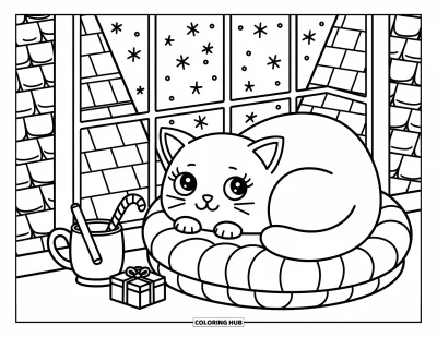 Weihnachts-Katzen-Ausmalbild für Erwachsene: Eine Katze rollt sich bei verschneiten Dächern mit einem warmen Getränk und einem kleinen Geschenk zusammen
