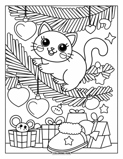 Weihnachts-Katzen-Ausmalbild für Erwachsene: Eine Katze hält einen Ast, während Kugeln und Geschenke den Baumfuß schmücken