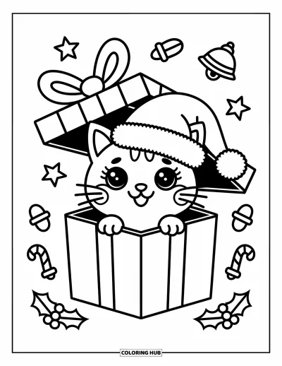 Weihnachts-Katzen-Ausmalbild für Erwachsene: Eine Katze in einer Geschenkbox lächelt herzlich, ringsherum festliche Leckereien