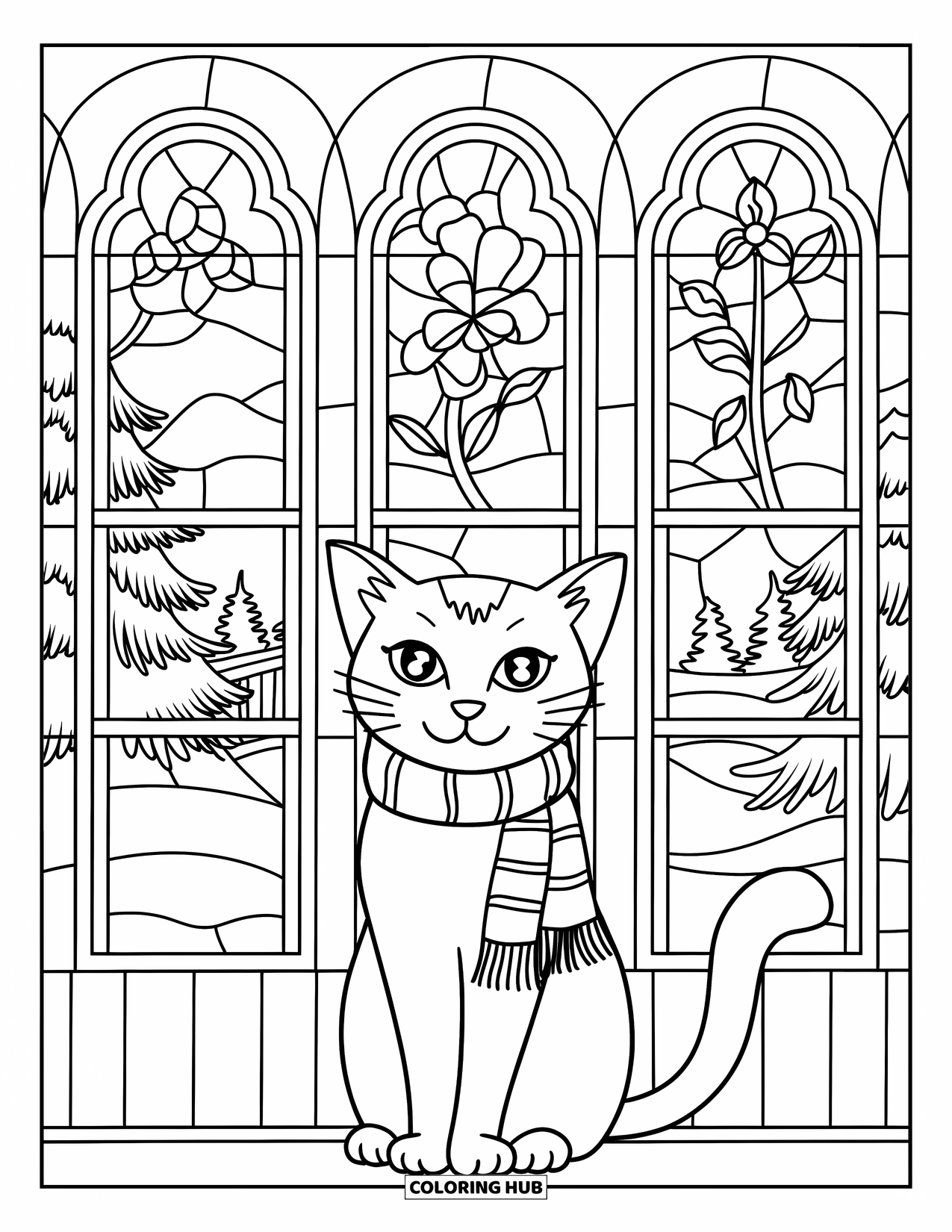Christmas Cat Coloring Page for Adults: A cat in a scarf sits before stained-glass windows of winter blooms and hills