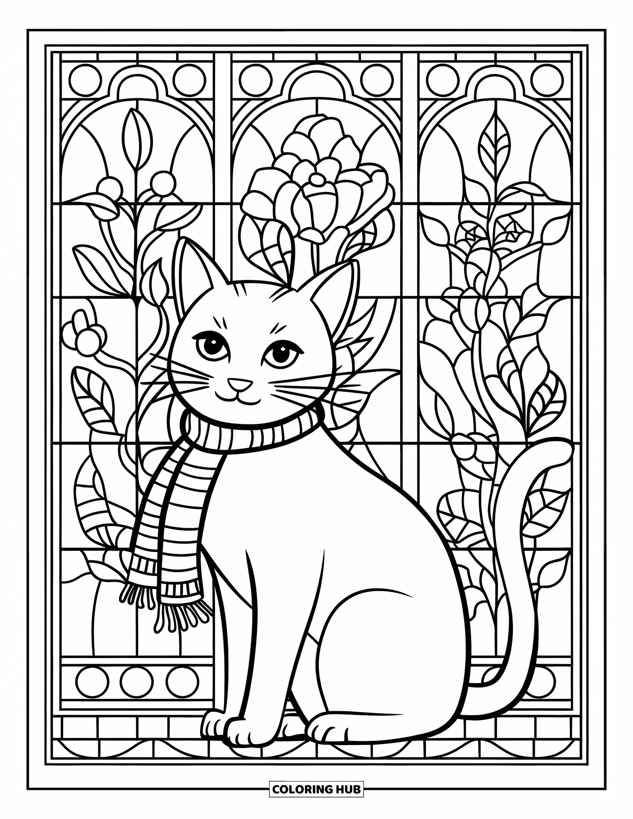 Christmas Cat Coloring Page for Adults: A cat in front of wintery glass panels is framed by a decorative border