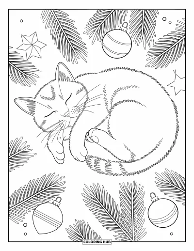 Weihnachts-Katzen-Ausmalbild für Erwachsene: Eine Katze liegt auf dem Rücken zwischen Tannenzapfen, Sternen und Schlaufenornamente