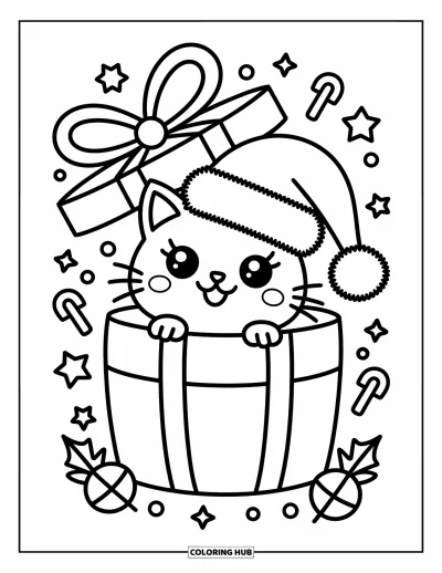 Weihnachts-Katzen-Ausmalbild für Erwachsene: Eine Katze lugt mit flauschiger Weihnachtsmütze und breitem Lächeln aus einer Geschenkbox