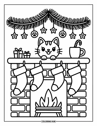 Weihnachts-Katzen-Ausmalbild für Erwachsene: Eine Katze lugt aus einem Strumpf, der über einem Kamin hängt, daneben kleine Geschenke