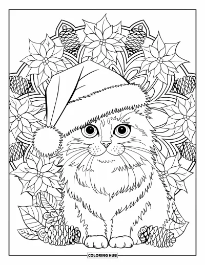 Weihnachts-Katzen-Ausmalbild für Erwachsene: Eine Katze mit Weihnachtsmütze ruht in einem Mandala-Kreis voller Weihnachtssterne