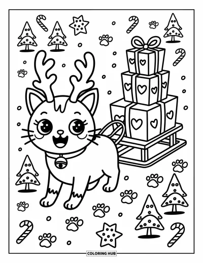 Weihnachts-Katzen-Ausmalbild für Erwachsene: Eine Katze mit Geweih und Glöckchen zieht einen Schlitten an Pfoten-Abdrücken und Plätzchen vorbei