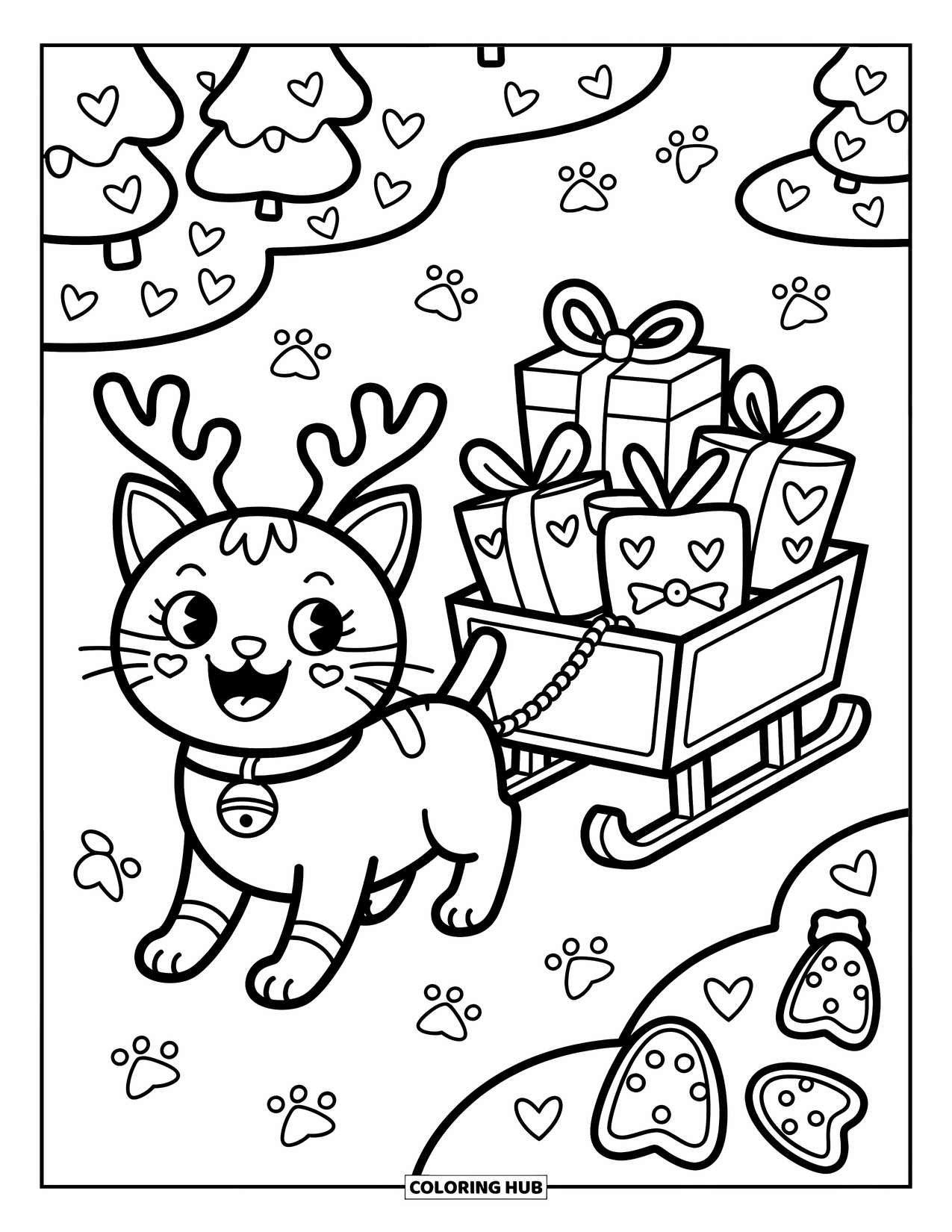 Christmas Cat Coloring Page for Adults: A cheerful cat in antlers pulls a sled full of tiny wrapped presents