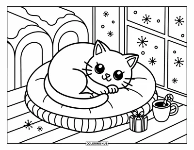 Weihnachts-Katzen-Ausmalbild für Erwachsene: Eine gemütliche Katze kuschelt sich auf einem Kissen ans Fenster, draußen Kakao und fallender Schnee