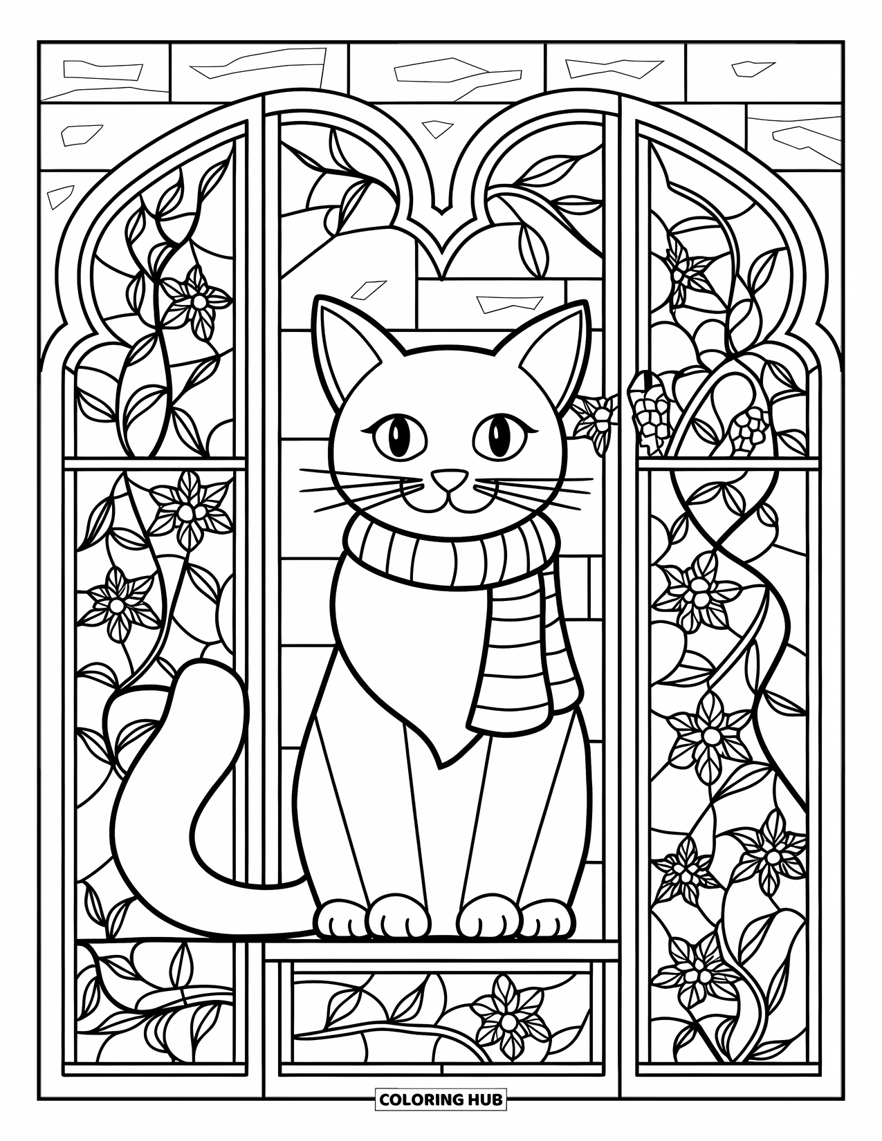 Christmas Cat Coloring Page for Adults: A cozy cat in a scarf rests near panes filled with winter floral glasswork