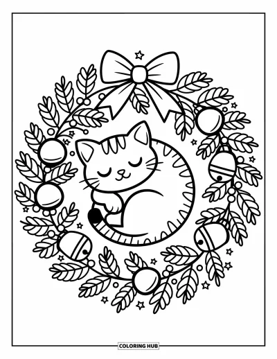 Weihnachts-Katzen-Ausmalbild für Erwachsene: Eine zusammengerollte Katze ruht in einem festlichen Kranz voller Glöckchen und Schlaufenschleifen