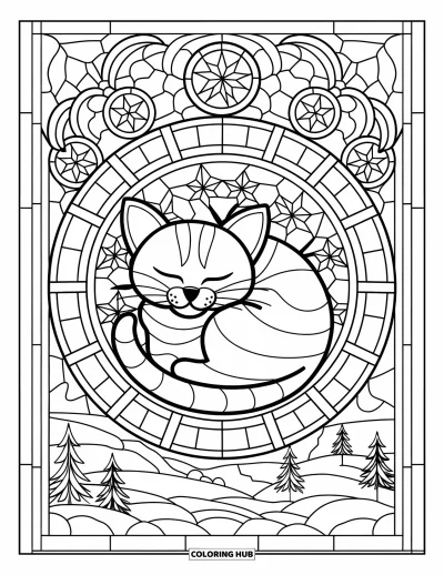 Weihnachts-Katzen-Ausmalbild für Erwachsene: Eine zusammengerollte Katze schläft im Herzen eines sterngeschmückten Buntglasfensters