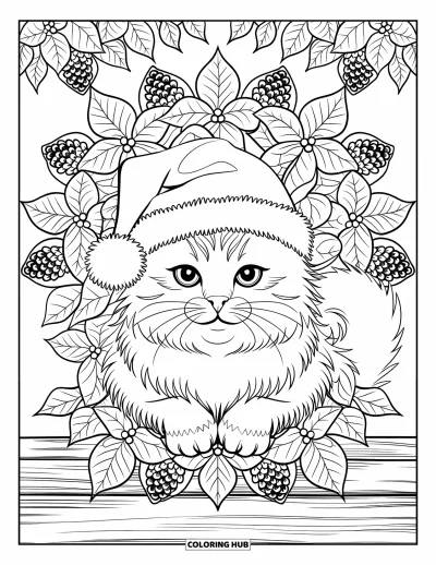 Weihnachts-Katzen-Ausmalbild für Erwachsene: Eine festliche Katze sitzt auf Holz in einem Mandala mit floralen Weihnachtsmustern