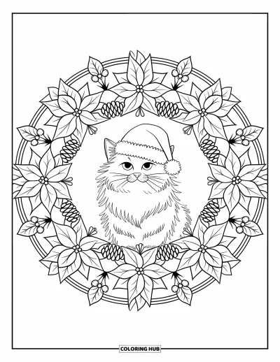 Weihnachts-Katzen-Ausmalbild für Erwachsene: Eine flauschige Katze mit Weihnachtsmütze sitzt in einem Mandala aus Weihnachtssternen und Tannenzapfen