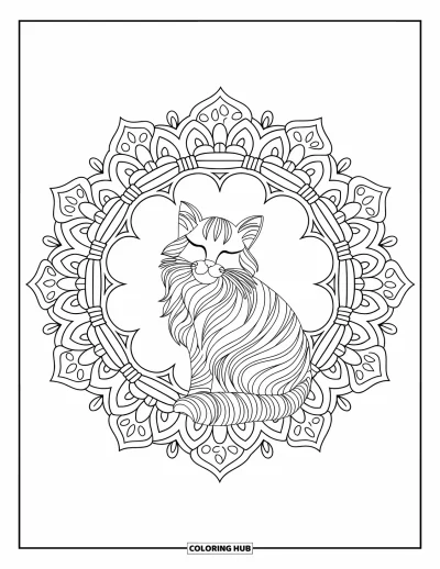Weihnachts-Katzen-Ausmalbild für Erwachsene: Eine flauschige Katze mit geschlossenen Augen ruht in einem Mandala aus Mustern und Formen